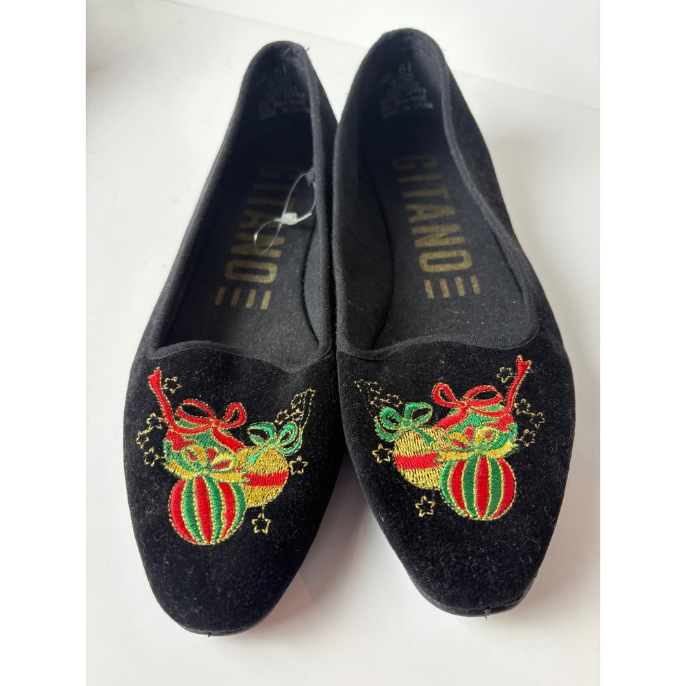 Gitano Vintage Women's 6.5 Black Velvet Christmas Ornament Embroidered Flats